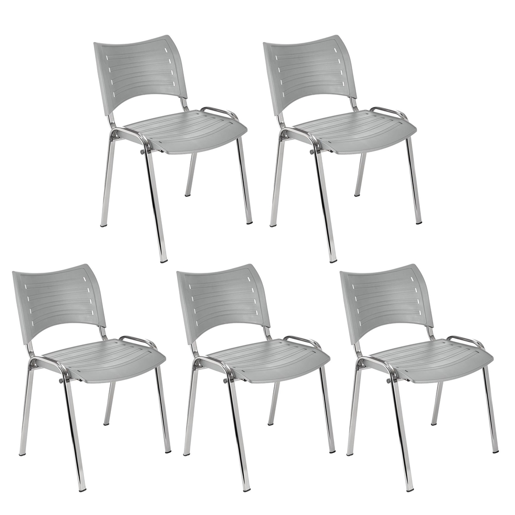 Sæt med 5 Konferencestole ELVA, Stabelbare og Meget Praktiske, Høj Kvalitet, i Grå og Krombelagte Ben