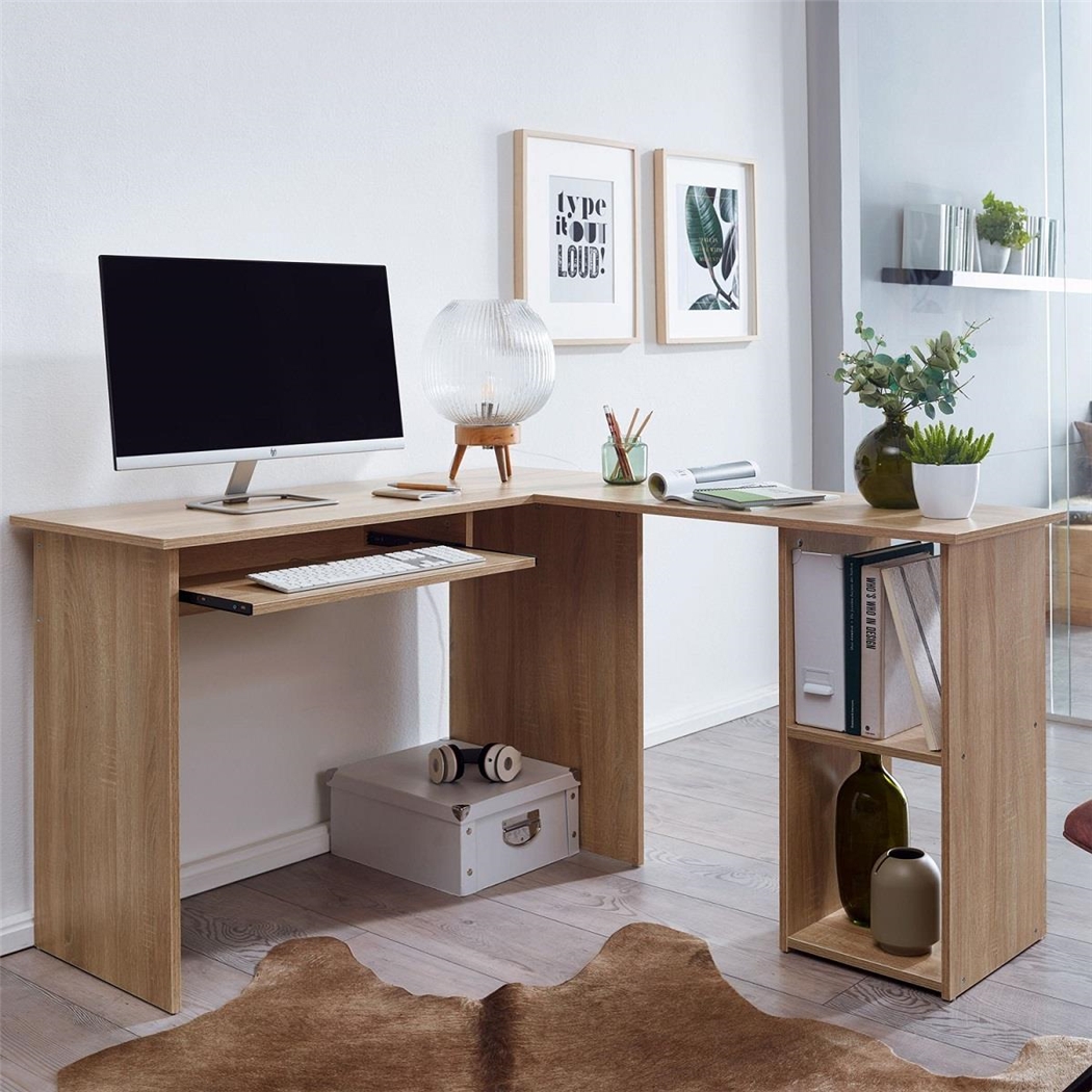 Kontorbord OLONG, 140x120x75 cm, Med Hylder, I Træ, Egetræ Farve